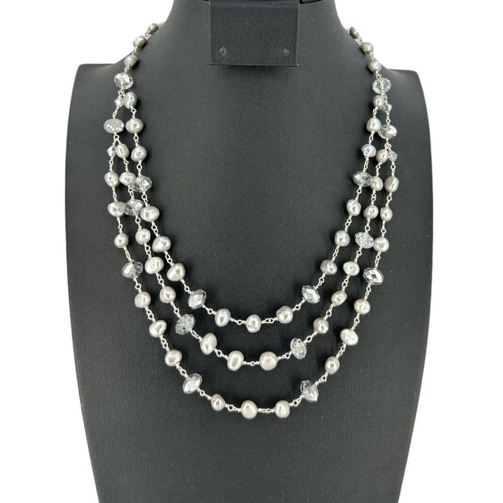 Layered Genuine Pearl & Faceted Glass Beads Link Necklace over Sterling Silver